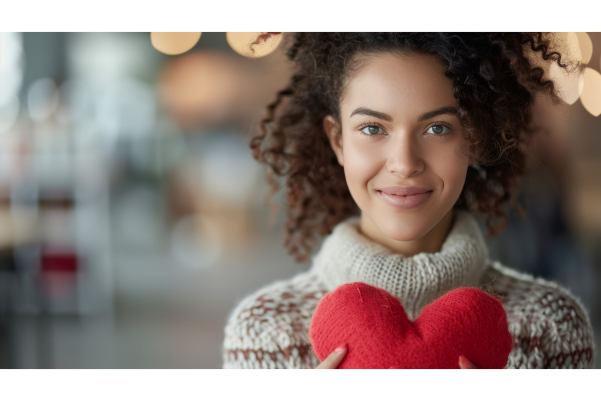 Smiling woman holding a heart cushion